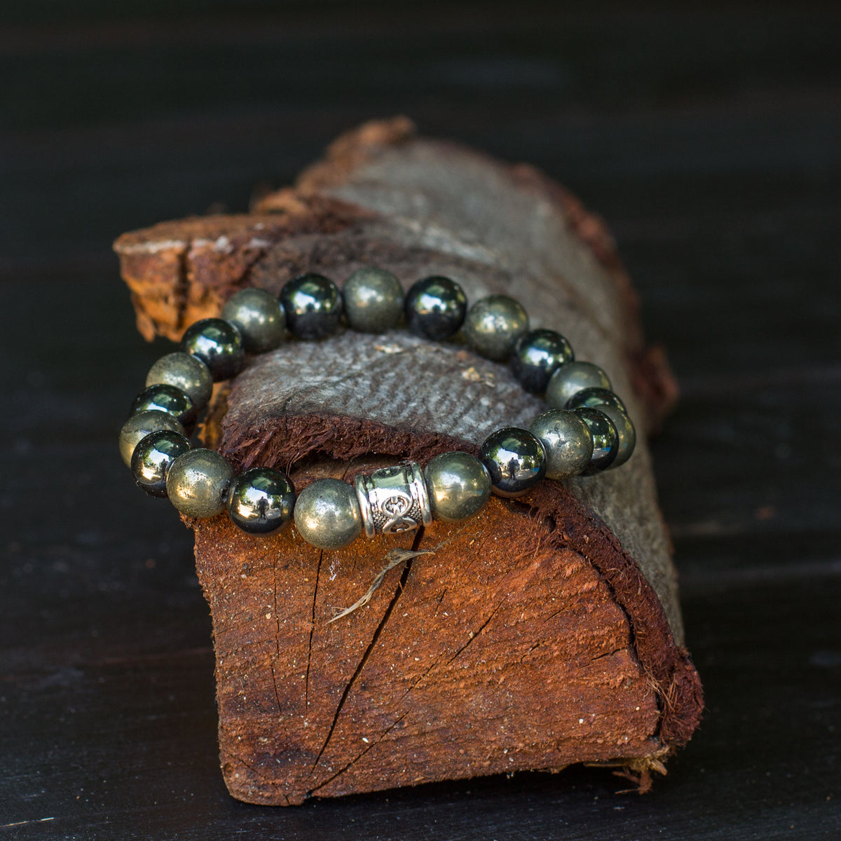 The Spark Bracelet 10mm - Pyrite gets its name from the Greek word “pyr” meaning fire and is also known as fool’s gold due to its golden colour. It sparks when it comes into contact with steel. Pyrite is a protective stone that can shield against bad energy and keeps evil spirits at bay. It has an energetic and positive vibe.