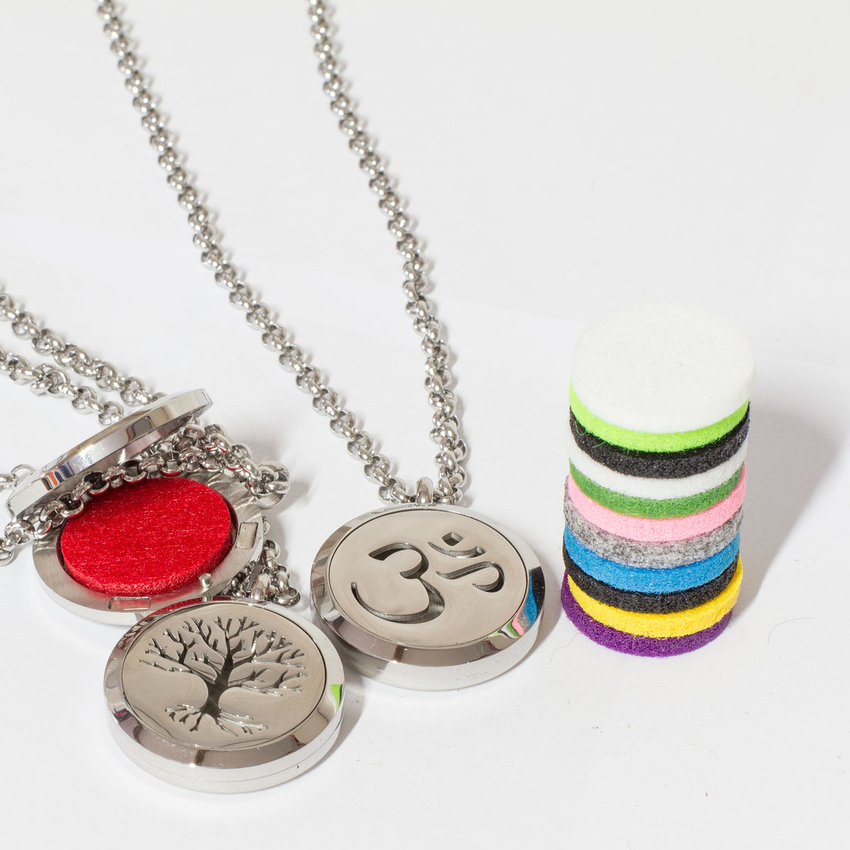 These stunning Sterling silver Diffuser necklace&#39;s come with 12 assorted color pads which you dab a few drops of the 7 Chakra oil onto them, leaving you in tranquility all day long, not to mention leaving you smelling great all day. They are packaged in a beautiful wooden box and perfect as a gift. 