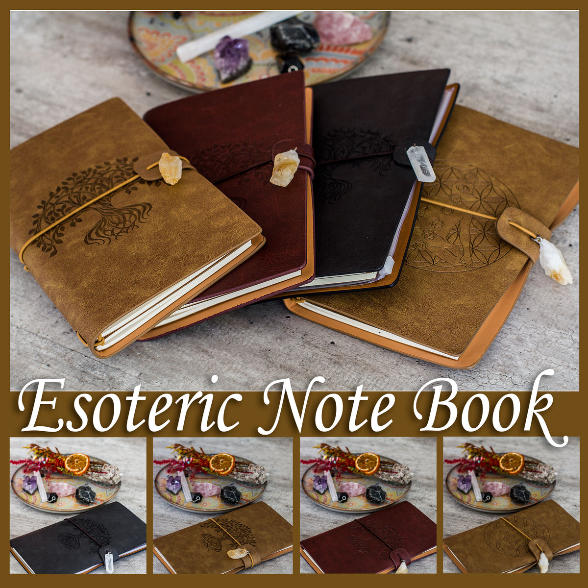 Manifestation Journal - Tree of Life (Brown Leather) - Capture your thoughts and ambitions in this elegant leather journal complete with an elastic band and a hanging crystal to manifest your ideal life.